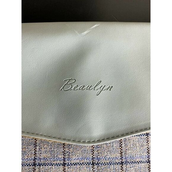 Beaulyn Leather Travel Changing Pad Blue Plaid Diaper Storage Wipes Case - Picture 3 of 10